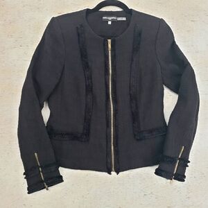 Karl Lagerfeld Paris women US 6 black blazer gold zip structured tweed jacket